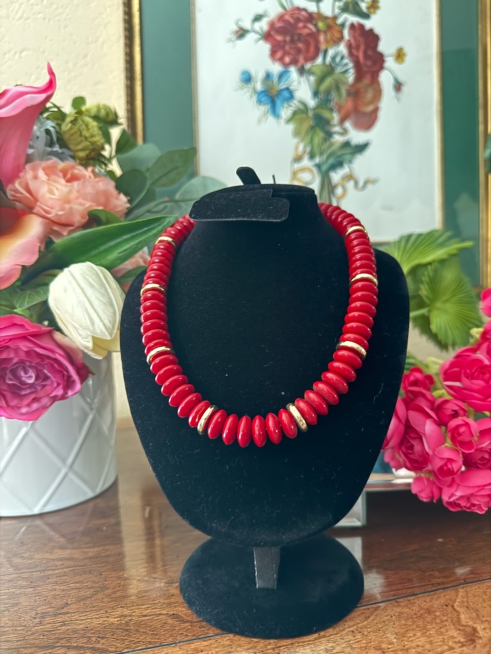 Red Disc Bead Necklace with Gold Accents - Women Jewelry